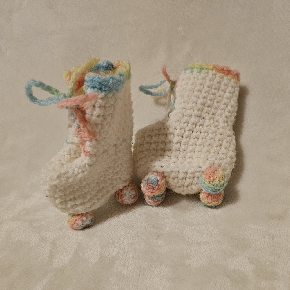 Handmade Kids Crochet Roller Skate Booties - White with Pastel Rainbow Accents